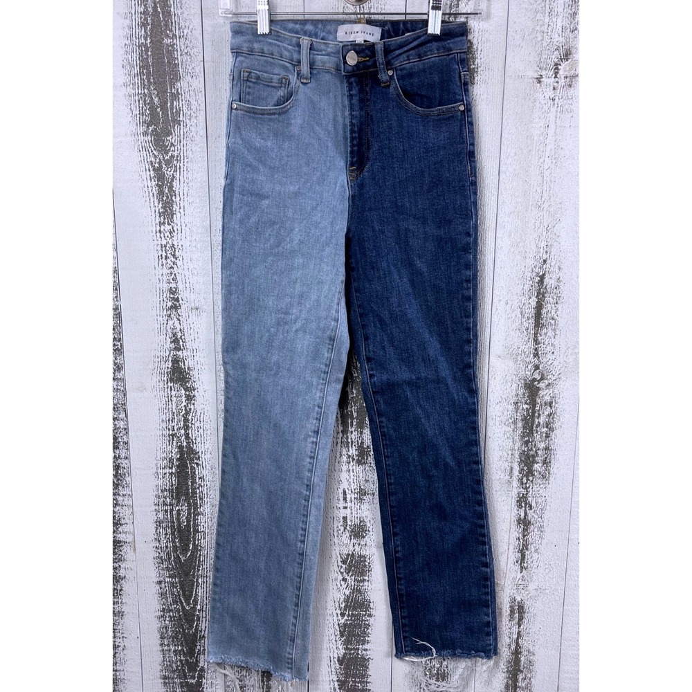 Risen Jeans Denim Pants Women 1/25 Two Tone‎ Colorblock Straight Leg Blue